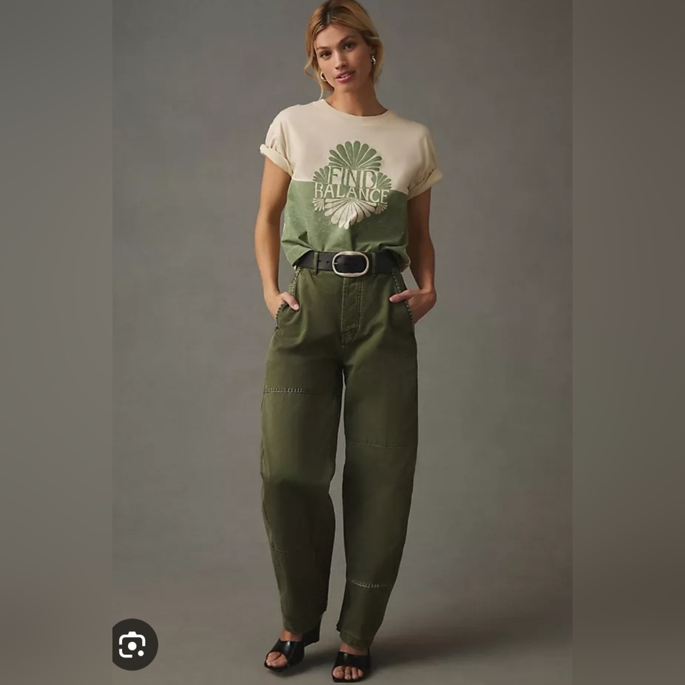 Anthropologie Cream and Olive Green 'Find Balance' Graphic Tee